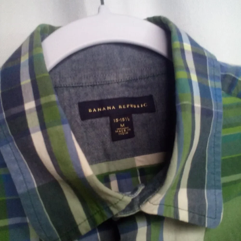Banana Republic Shirt Men M 15-15 1/2 Button Up Long Sleeve Plaid Blue Green